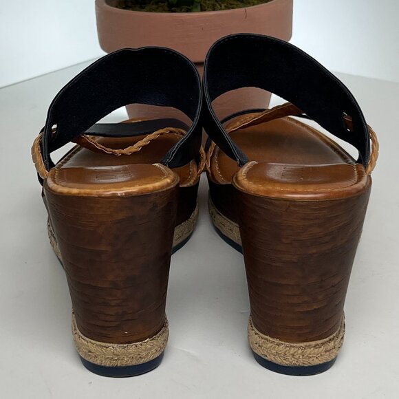 Italian Shoemaker Wedge Sandals 8 Brown Tan Black Platform Espadrille Slide Heel - Picture 5 of 8